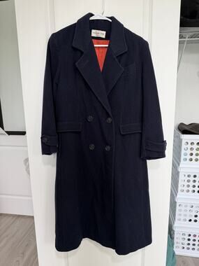 Made in USA Vintage Preston & York Women's Navy Wool Double Breasted Long Coat